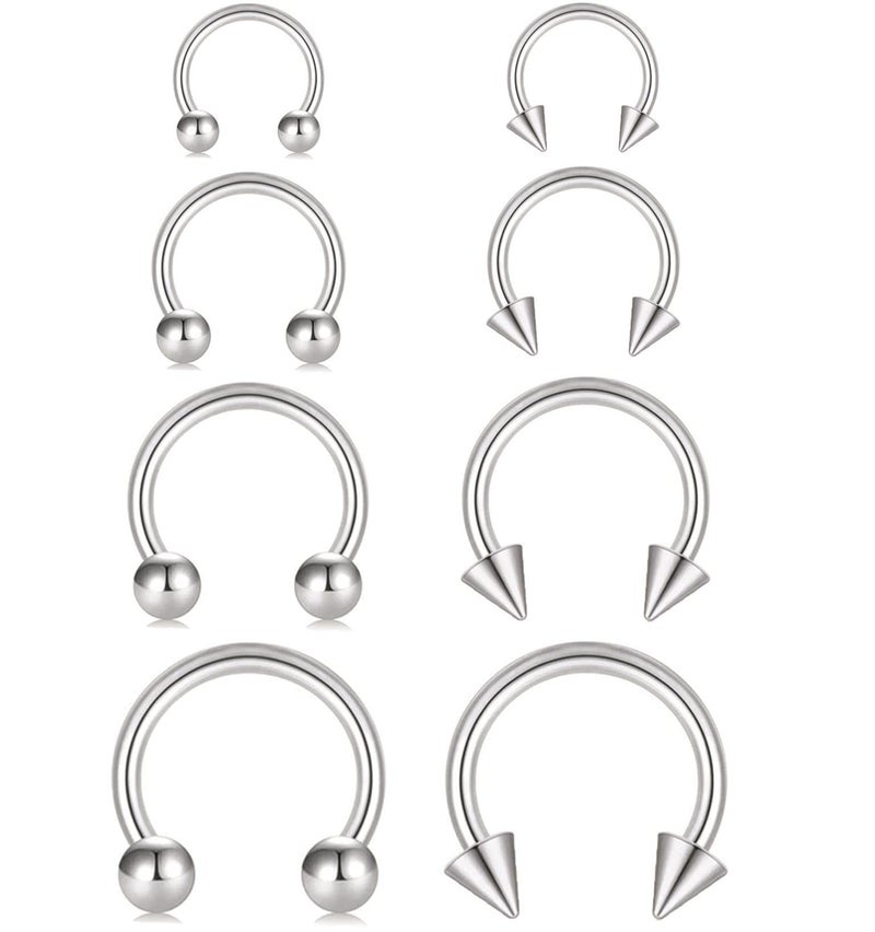 Earmark 14G Horseshoe Septum Nose Rings Silver, Cute 14 Gauge Smiley Piercing Jewelry, 14Ga Daith Earrings, Surgical Stainless Steel Small Circular Curved Barbell Set for Multiple Piercing, Pack of 7 Pairs (Ball + Spike, 6/8/10/12mm) - Image 1
