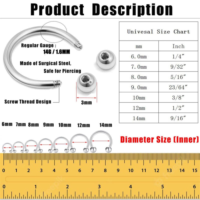 Earmark 14G Horseshoe Septum Nose Rings Silver, Cute 14 Gauge Smiley Piercing Jewelry, 14Ga Daith Earrings, Surgical Stainless Steel Small Circular Curved Barbell Set for Multiple Piercing, Pack of 7 Pairs (Ball + Spike, 6/8/10/12mm) - Image 2