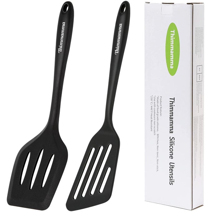SILICONE SPATULA 2 PACK HEAT RESISTANT SLOTTED SPATULA SET KITCHEN TURNER BPA FREE NON STICK FLEXIBLE LARGE BLACK SILICONE SPATULA FOR COOKING FLIPPING PRESSING FISH EGGS PANCAKES