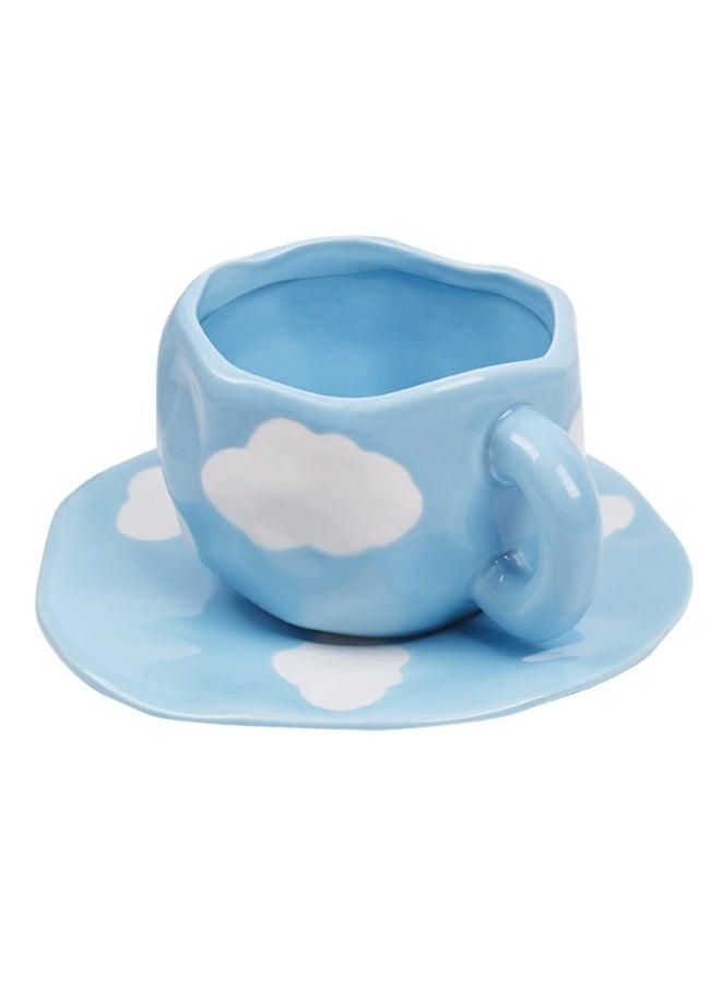 Mug with Saucer Set, Cute Creative Cup Unique Irregular Design for Office and Home, Dishwasher and Microwave Safe, 10oz/300ml for Latte Tea Milk (Blue Sky and White Clouds) - Image 1