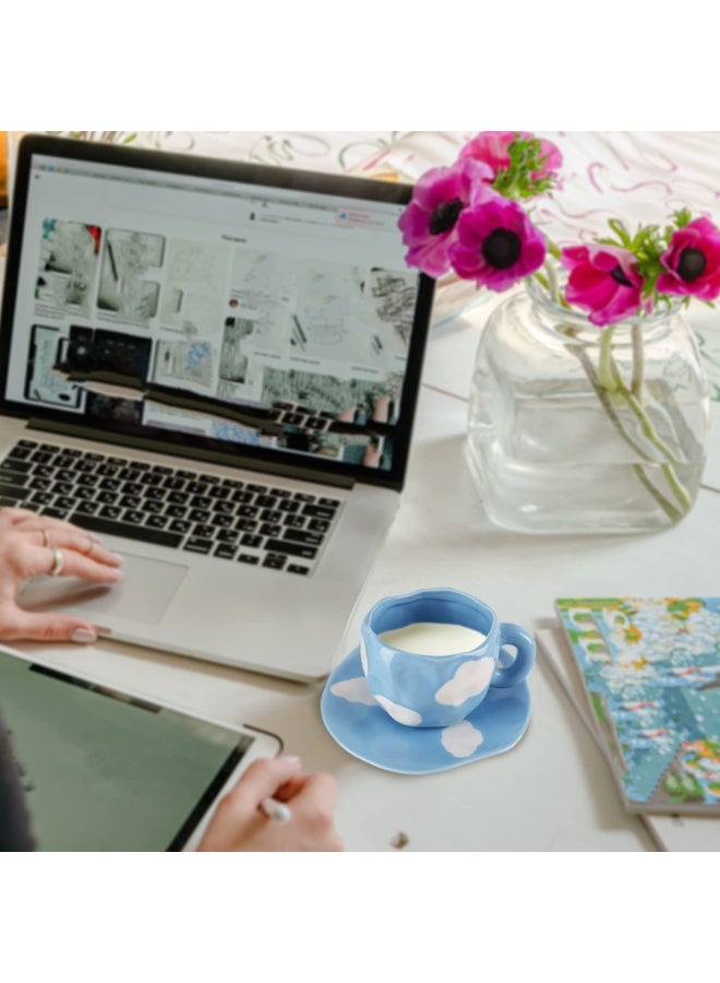 Mug with Saucer Set, Cute Creative Cup Unique Irregular Design for Office and Home, Dishwasher and Microwave Safe, 10oz/300ml for Latte Tea Milk (Blue Sky and White Clouds) - Image 3