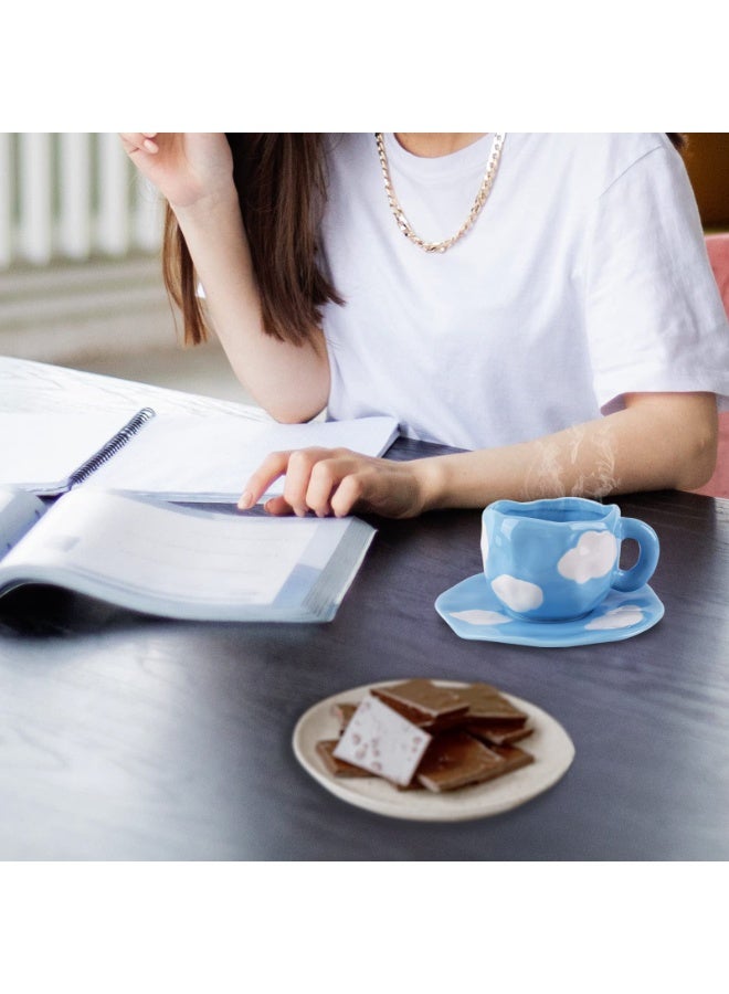 Mug with Saucer Set, Cute Creative Cup Unique Irregular Design for Office and Home, Dishwasher and Microwave Safe, 10oz/300ml for Latte Tea Milk (Blue Sky and White Clouds) - Image 4