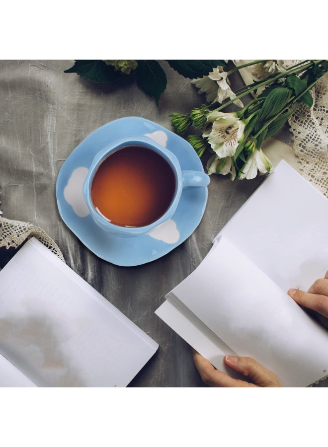 Mug with Saucer Set, Cute Creative Cup Unique Irregular Design for Office and Home, Dishwasher and Microwave Safe, 10oz/300ml for Latte Tea Milk (Blue Sky and White Clouds) - Image 2