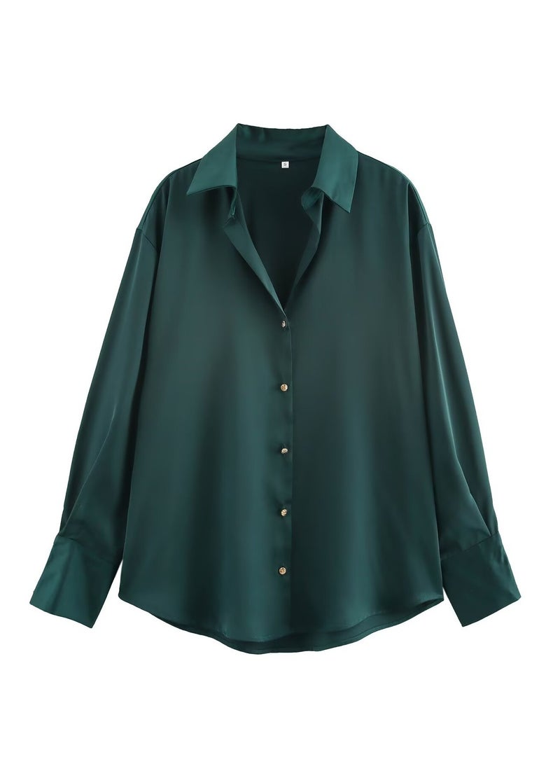 Shougu Loose Casual V-neck Satin Shirt Top For Women  - Image 1