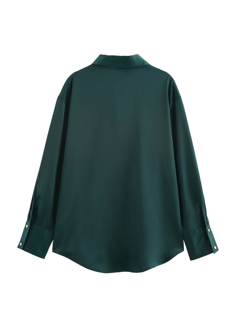 Shougu Loose Casual V-neck Satin Shirt Top For Women  - Image 2