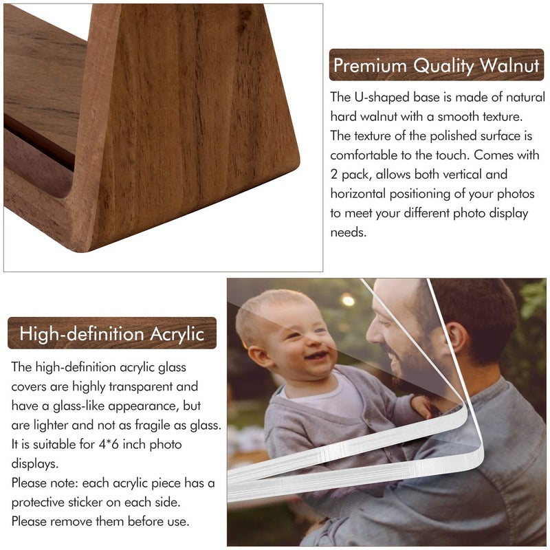 Mixoo 4x6 Picture Frame 2 Pack - Rustic Wooden Picture Frames with Walnut Wood Base and High Definition Break Free Acrylic Photo Covers for Tabletop or Desktop Display (Horizontal + Vertical) - Image 2