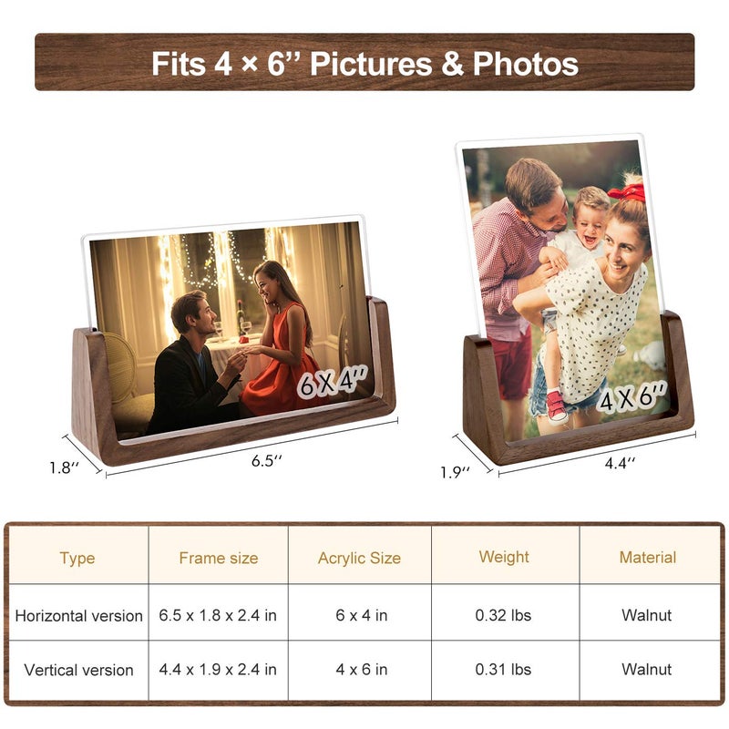 Mixoo 4x6 Picture Frame 2 Pack - Rustic Wooden Picture Frames with Walnut Wood Base and High Definition Break Free Acrylic Photo Covers for Tabletop or Desktop Display (Horizontal + Vertical) - Image 4