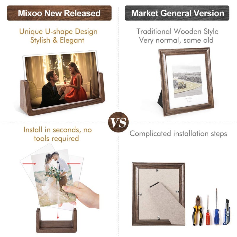 Mixoo 4x6 Picture Frame 2 Pack - Rustic Wooden Picture Frames with Walnut Wood Base and High Definition Break Free Acrylic Photo Covers for Tabletop or Desktop Display (Horizontal + Vertical) - Image 3