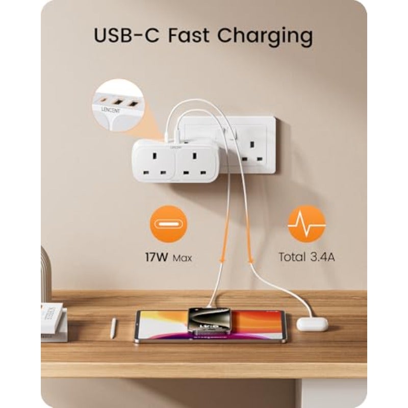 محول توصيل مزدوج مع 3 منافذ USB 1 منفذ USB-C مقبس توسيع ثنائي الاتجاه محول مقبس مقبس من نوع SA مخرج متعدد للمنافذ للاستعمال في المطبخ والمنزل والمكتب والمدرسة 13 أمبير 3250 واط - Image 3