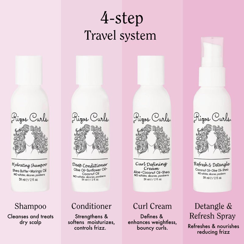 Rizos Curls 4-Step Travel Kit for Curly Hair: Curl Defining Cream, Shampoo, Conditioner, Refresh & Detangle (2 fl oz each) - Image 2