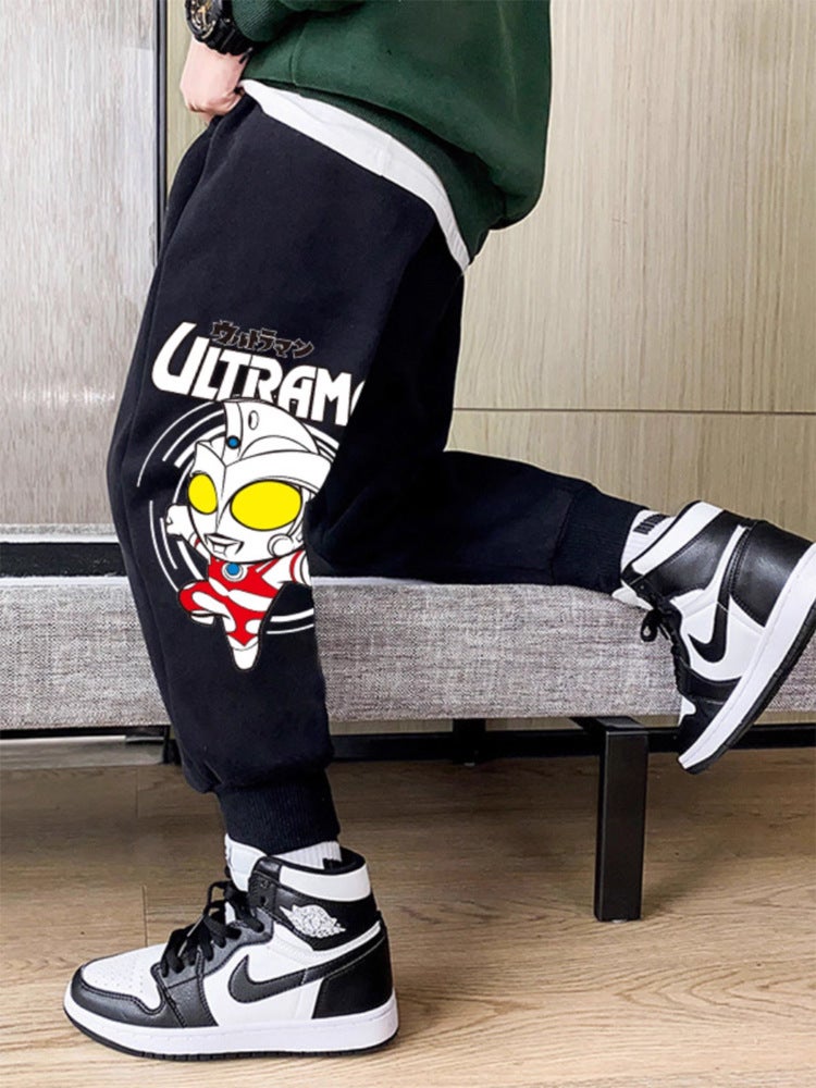 Boys' Jogger Pants, Spring and Autumn Children's Clothing, Cuffed Pants, Children's Fashionable Cartoon Fleece-Lined Long Pants, Trendy Wear - Image 4