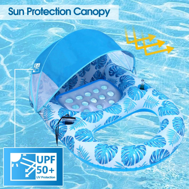 COOLCOOLDEE Pool Lounge Float with Canopy UPF50+,Extra Large Pool Floats for Adults Heavy Duty,Inflatable Lounger Float with Cup Holder & Backrest,Footrest - Image 2