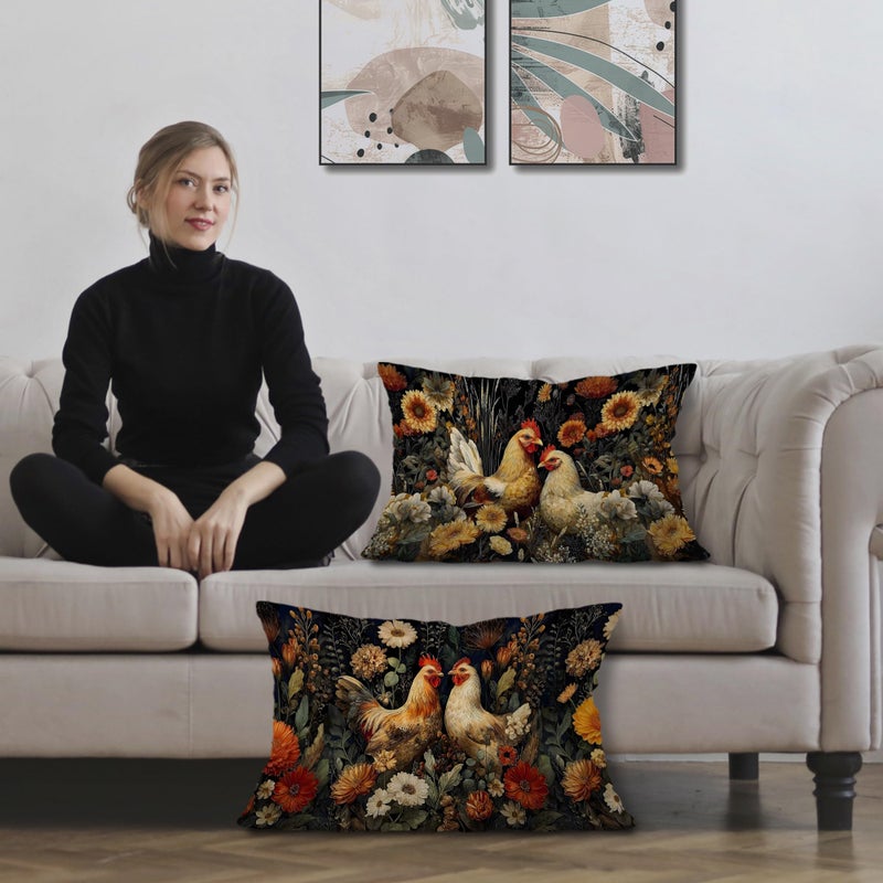 Exqcom Vintage Moody Floral Chicken Pillow Covers 12x20 Set of 2, Chicken Lover Mom Lady Gifts, Dark Cottagecore Wildflower Rooster Decorative Lumbar Pillow Covers for Home Bedroom Living Room - Image 2
