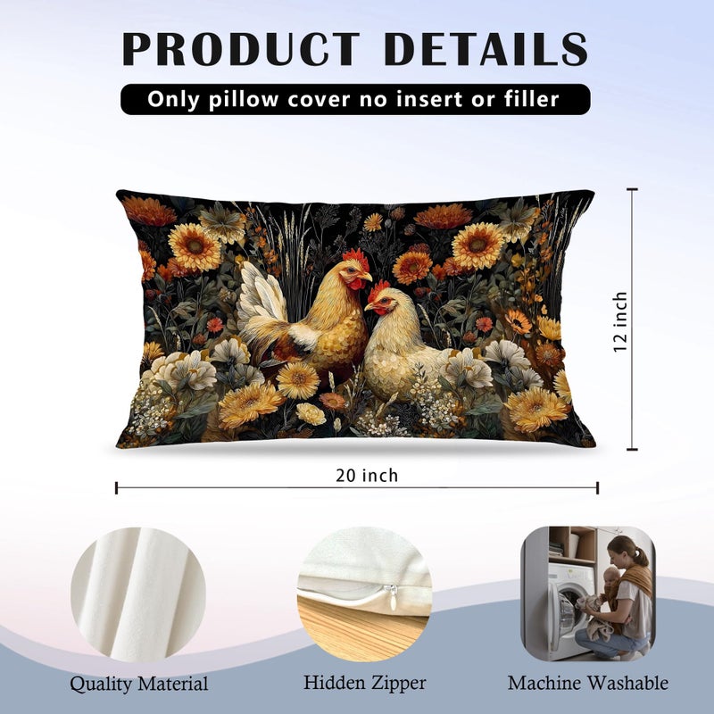 Exqcom Vintage Moody Floral Chicken Pillow Covers 12x20 Set of 2, Chicken Lover Mom Lady Gifts, Dark Cottagecore Wildflower Rooster Decorative Lumbar Pillow Covers for Home Bedroom Living Room - Image 5