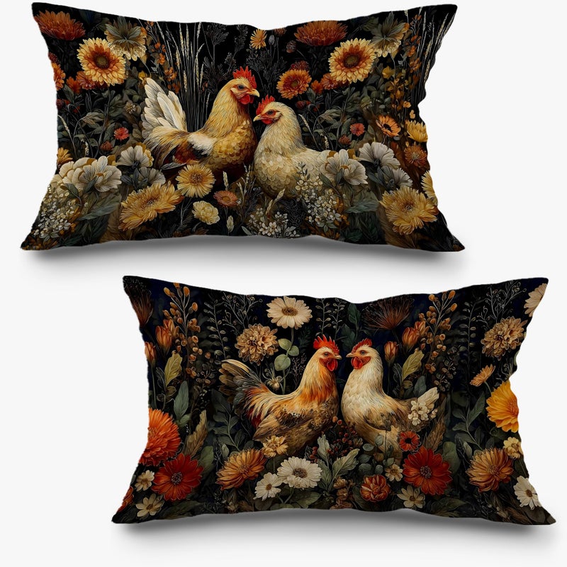 Exqcom Vintage Moody Floral Chicken Pillow Covers 12x20 Set of 2, Chicken Lover Mom Lady Gifts, Dark Cottagecore Wildflower Rooster Decorative Lumbar Pillow Covers for Home Bedroom Living Room - Image 1