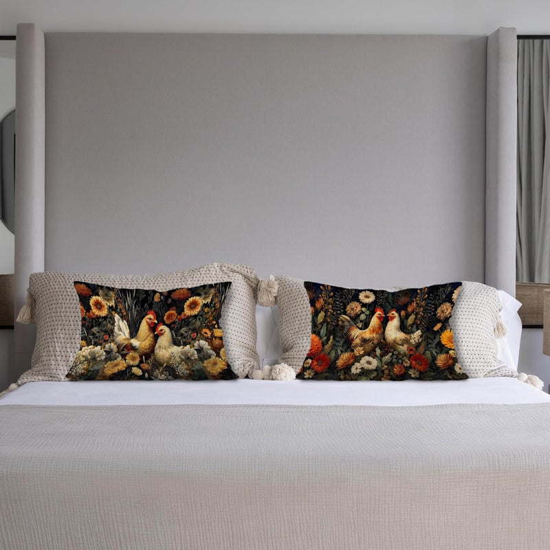 Exqcom Vintage Moody Floral Chicken Pillow Covers 12x20 Set of 2, Chicken Lover Mom Lady Gifts, Dark Cottagecore Wildflower Rooster Decorative Lumbar Pillow Covers for Home Bedroom Living Room - Image 4