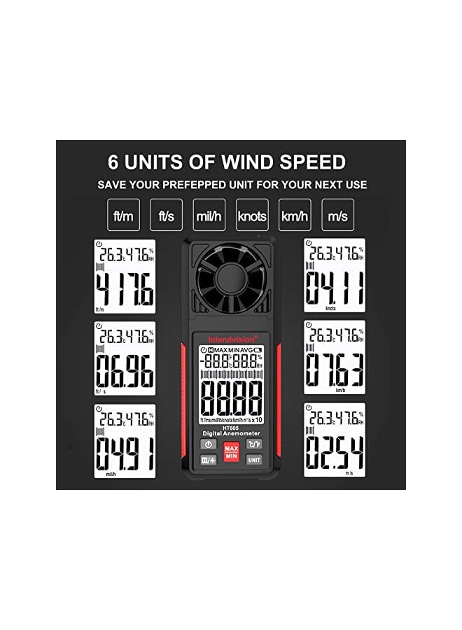 PROMASS Handheld Anemometer, Digital Wind Gauges Wind Speed Meter Measures Wind Speed, Temperature, Humidity with Large Backlit LCD Display, MAX/MIN, Data Hold for Shooting Windsurfing Fishing Hunting HT605 - Image 4