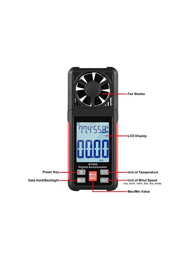 PROMASS Handheld Anemometer, Digital Wind Gauges Wind Speed Meter Measures Wind Speed, Temperature, Humidity with Large Backlit LCD Display, MAX/MIN, Data Hold for Shooting Windsurfing Fishing Hunting HT605 - Image 2