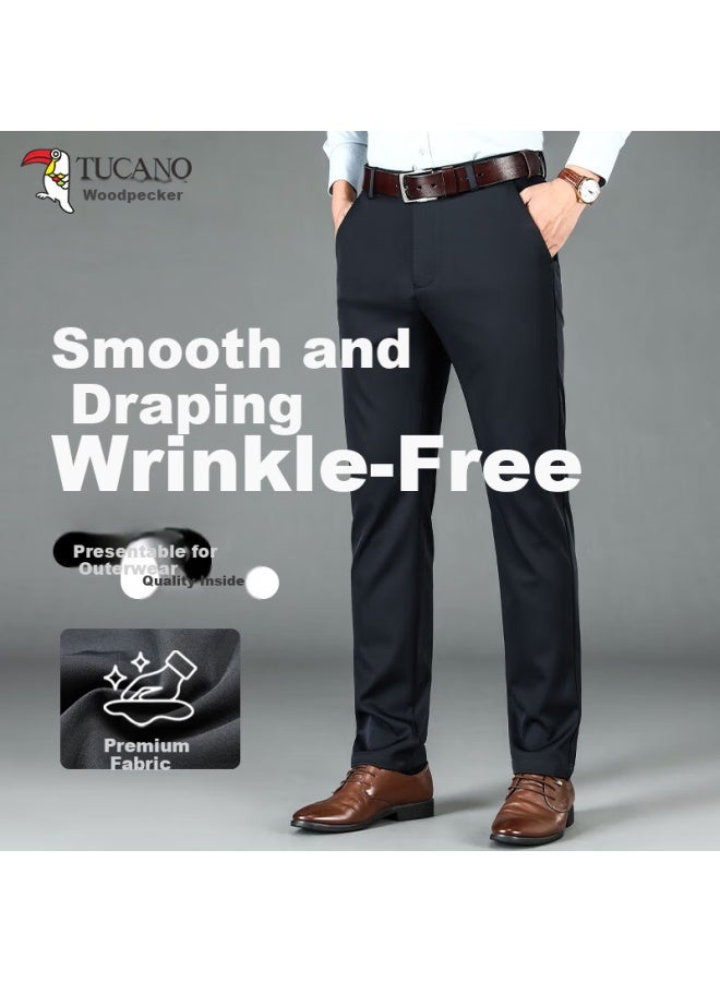 Wood [vertical Smooth Anti-wrinkle] Men's Summer Business Casual Stretch Straight-leg Trousers Navy Blue 31