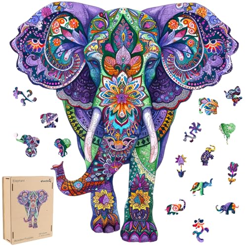 Qiuenisray Wooden Puzzles for Adults Elephant Jigsaw Puzzles 200 Pieces FSC Certified Wall Decor Unique Shape Animal Adult Puzzles Creative Gift for Family Game 124x114 in - Image 1