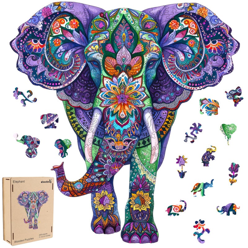 Qiuenisray Wooden Puzzles for Adults Elephant Jigsaw Puzzles 200 Pieces FSC Certified Wall Decor Unique Shape Animal Adult Puzzles Creative Gift for Family Game 124x114 in - Image 3