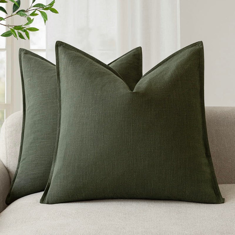Foindtower Pack of 2 Decorative Linen Solid Throw Pillow Covers Soft Accent Cushion Case Farmhouse Neutral Pillowcase for Chair Couch Sofa Bedroom Living Room Home Decor 24 x 24 Inch Dark Olive Green - Image 2