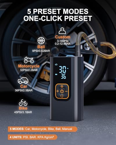 QKMPOM 180PSI Tire Inflator Portable Air Compressor, 6X Faster Air Pump for Car Tires with Digital Pressure Gauge, 12V DC Adapter, LED Light, Portable Tire Inflator for Car, Motorcycle, Bike, Balls - Image 4