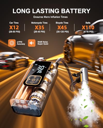 QKMPOM 180PSI Tire Inflator Portable Air Compressor, 6X Faster Air Pump for Car Tires with Digital Pressure Gauge, 12V DC Adapter, LED Light, Portable Tire Inflator for Car, Motorcycle, Bike, Balls - Image 3