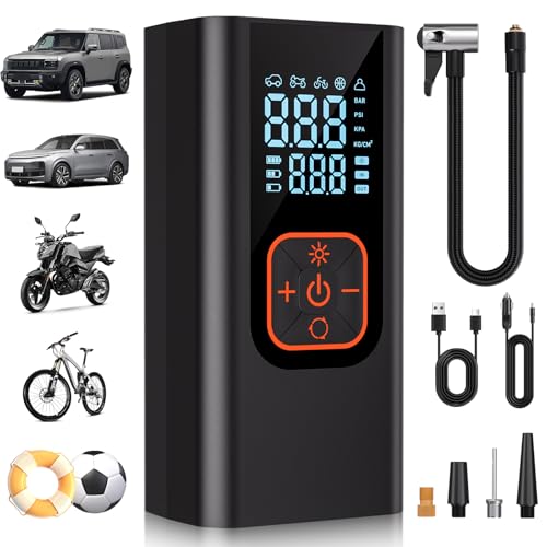 QKMPOM 180PSI Tire Inflator Portable Air Compressor, 6X Faster Air Pump for Car Tires with Digital Pressure Gauge, 12V DC Adapter, LED Light, Portable Tire Inflator for Car, Motorcycle, Bike, Balls - Image 1