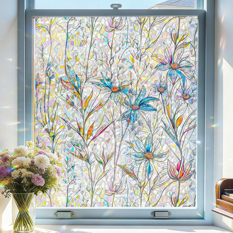 ADD.HERES Window Privacy Film Home Room Bathroom Spring Decor Car Decorations, Stained Glass Window Film, Static Cling Window Film, Window Tintï¼ŒRainbow Window Film (Blue Lotus, 17.5" X 78.7") - Image 1