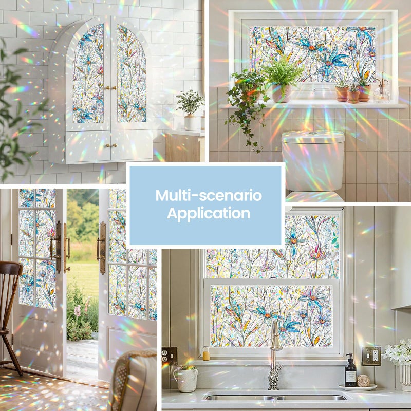 ADD.HERES Window Privacy Film Home Room Bathroom Spring Decor Car Decorations, Stained Glass Window Film, Static Cling Window Film, Window Tintï¼ŒRainbow Window Film (Blue Lotus, 17.5" X 78.7") - Image 2