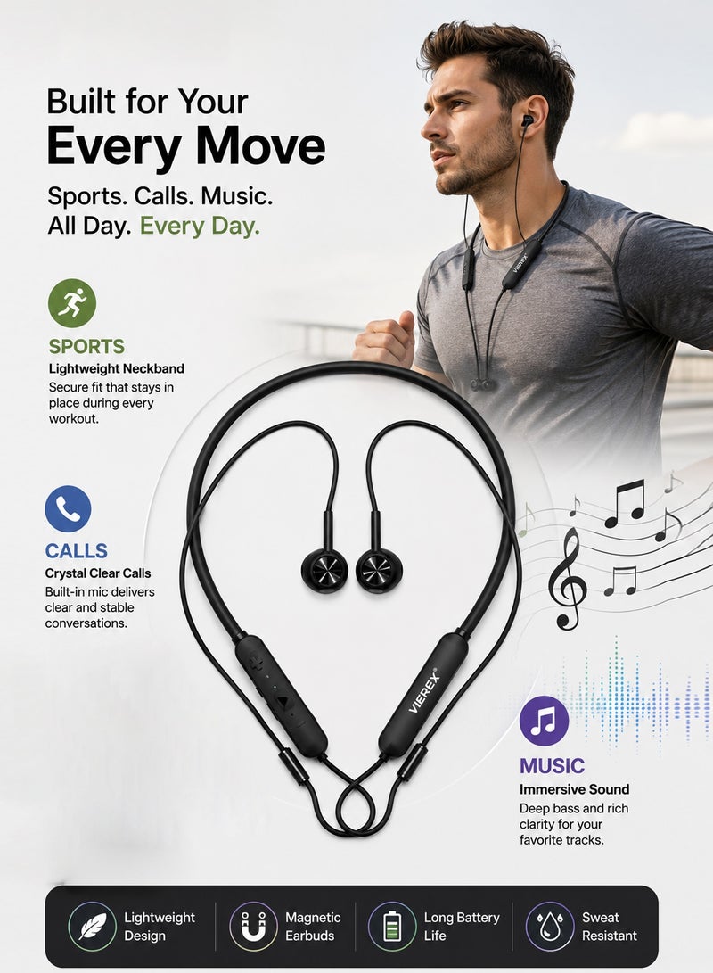 Vierex VE-F1 Wireless Sports Neckband Earphones – IPX5 Waterproof Bluetooth Headphones with Microphone, 7-Hour Playtime & Secure Fit for Running, Gym, and Workouts – Black - Image 4