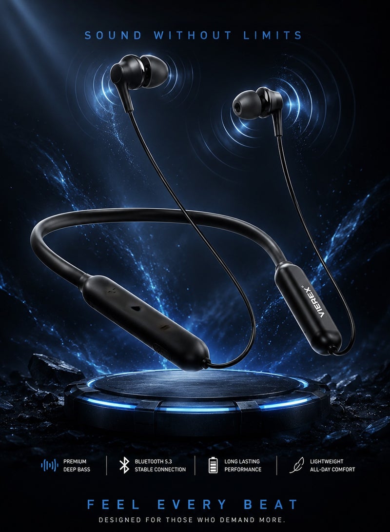 Vierex VE-F1 Wireless Sports Neckband Earphones – IPX5 Waterproof Bluetooth Headphones with Microphone, 7-Hour Playtime & Secure Fit for Running, Gym, and Workouts – Black - Image 5