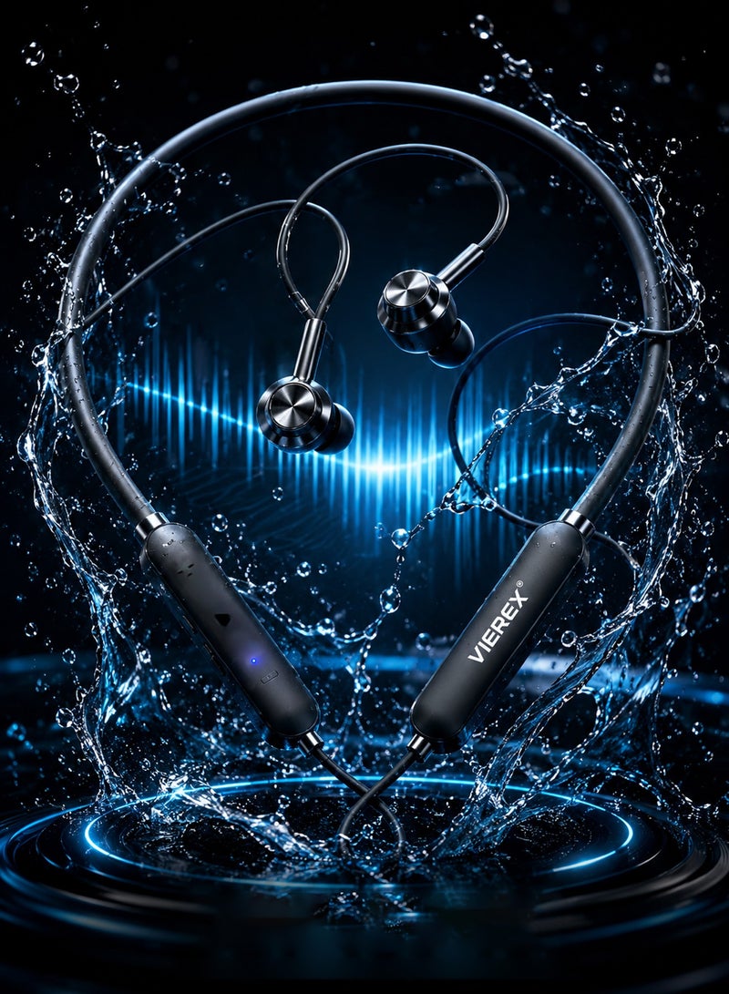 Vierex VE-F1 Wireless Sports Neckband Earphones – IPX5 Waterproof Bluetooth Headphones with Microphone, 7-Hour Playtime & Secure Fit for Running, Gym, and Workouts – Black - Image 2
