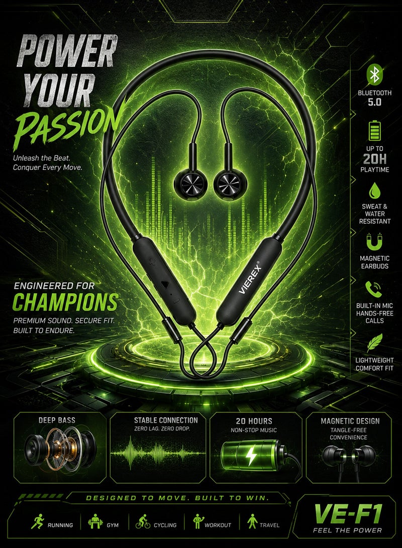 Vierex VE-F1 Wireless Sports Neckband Earphones – IPX5 Waterproof Bluetooth Headphones with Microphone, 7-Hour Playtime & Secure Fit for Running, Gym, and Workouts – Black - Image 3