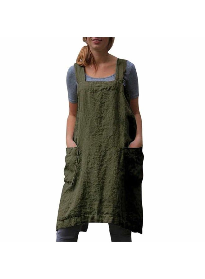 VLZUFE Cotton Linen Apron for women Cross Back Apron Pinafore Dress for Baking Cooking Gardening Work, Green, 3XL - Image 1