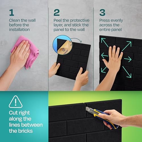 Ekkogo Acoustic Panels 18-Pack Soundproof Wall Panels 12"X12"X0.4" Brick Style Sound Panels Premium Sound Dampening Panels Easy Self Adhesive Installation - [Deep Black] - Image 5