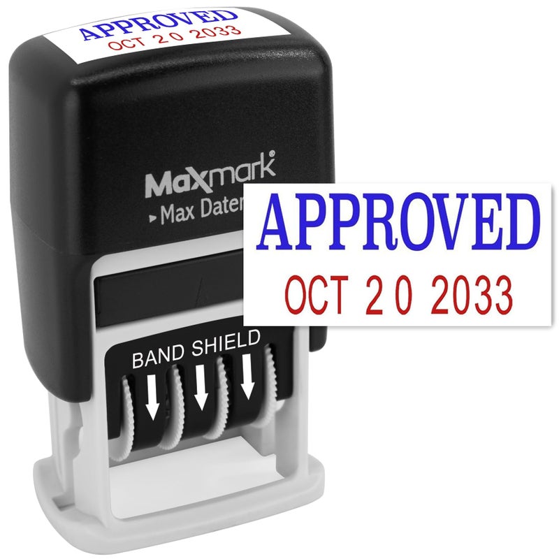 MaxMark SelfInking Rubber Date Office Stamp with Approved Phrase Blue Ink  Date RED Ink Max Dater II 12Year Band