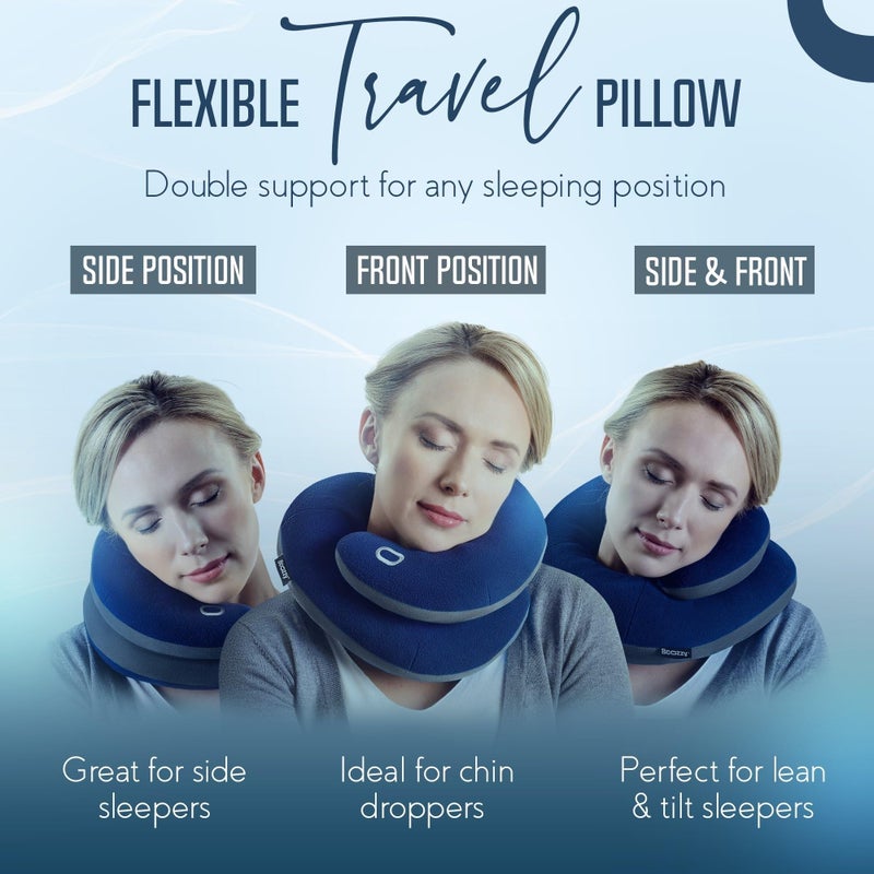 BCOZZY Travel Neck Pillow for Airplane â€“ Patented Double Support for Head, Neck, and Chin. Best for Long Flights, Plane Sleeping, and Car Rides. Adjustable Size. Fully Washable. Carry Bag. Large, Navy - Image 2