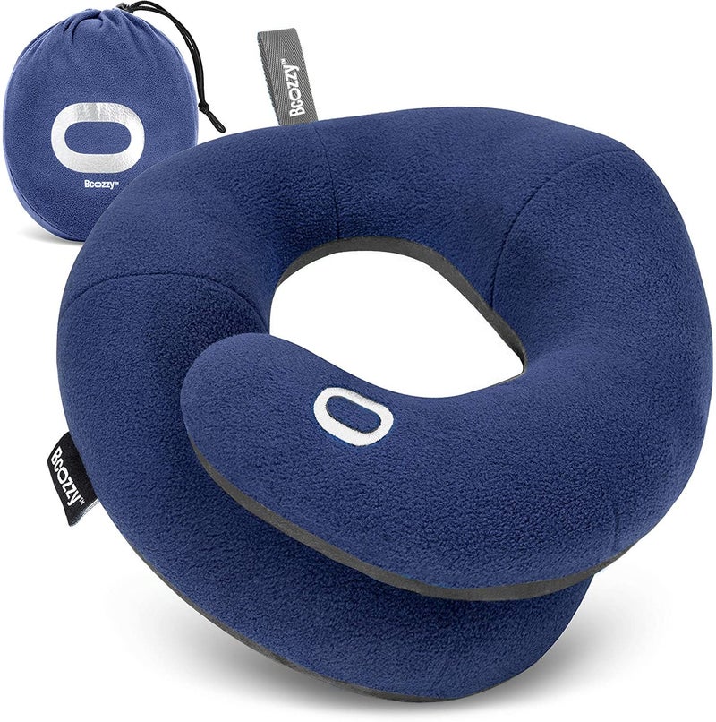 BCOZZY Travel Neck Pillow for Airplane â€“ Patented Double Support for Head, Neck, and Chin. Best for Long Flights, Plane Sleeping, and Car Rides. Adjustable Size. Fully Washable. Carry Bag. Large, Navy - Image 1