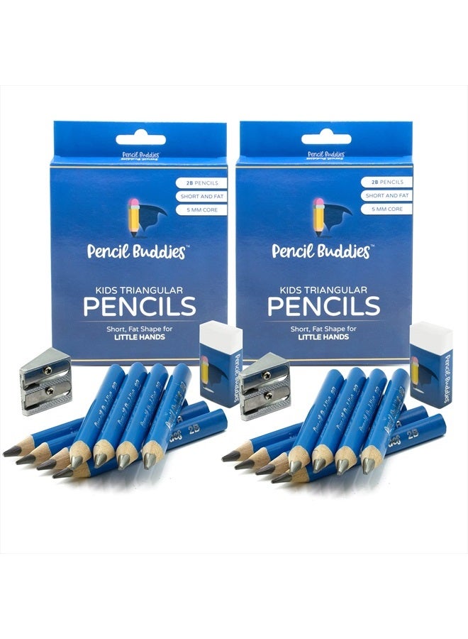 Pencil Buddies Jumbo Kids Triangle Pencils for Preschoolers, Kindergarten, Toddlers & Beginners (2 Sets) - 8 Short Triangular Pencils & Sharpener, Fat Pencils for Kindergarten, 2B (Light Blue, 2 Sets)  - Image 1