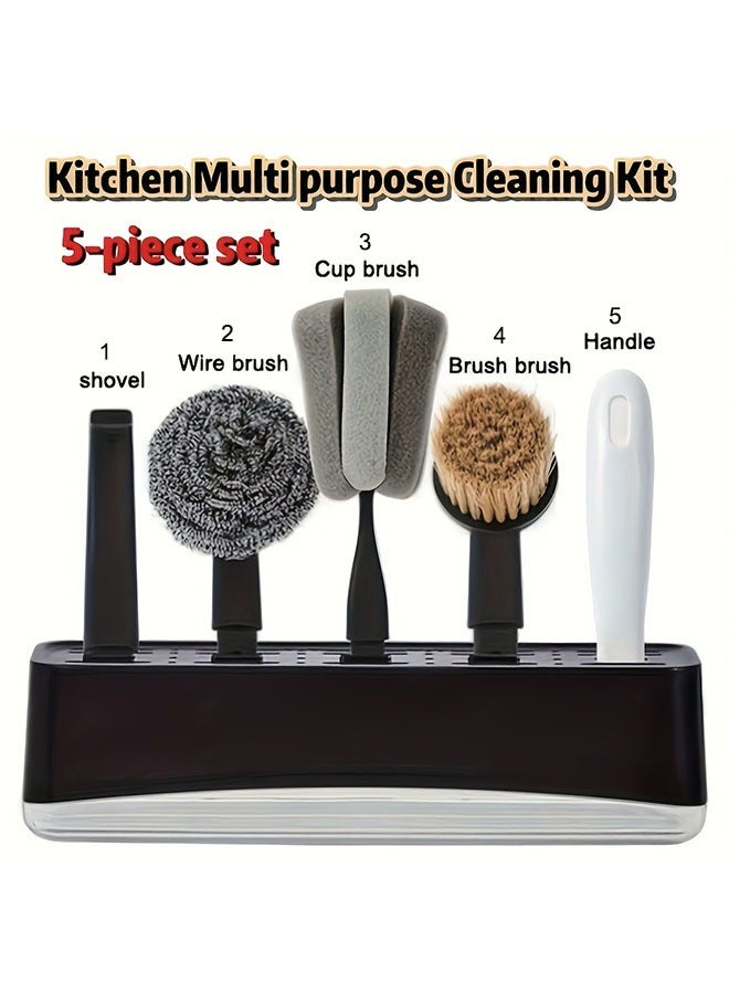 5 pack Cleaning Brush Set, multi-purpose kitchen Cleaning Brush Set with drain rack, wire brush, spong cup brush, pot brush, stove brush, suitable for kitchen Home cleaning, kitchen cleaning tools - Image 1