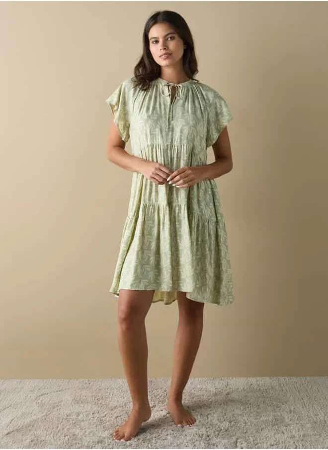 فاف All-Over Leaf Print Sleepshirt with Tie-Ups