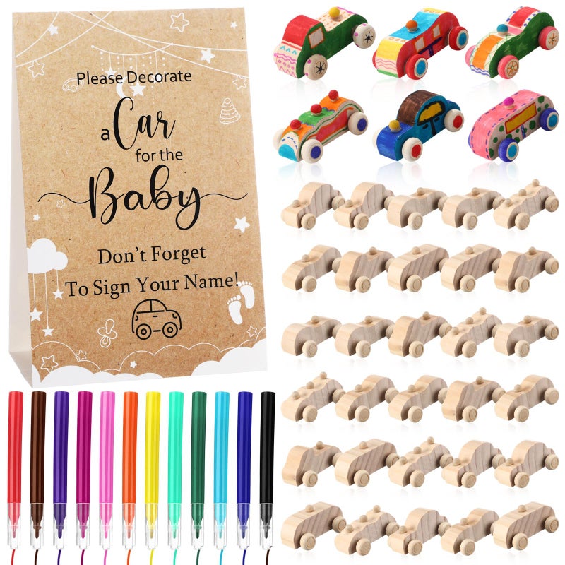 WinnerWhy Baby Shower Game Sign Kit Includes 32 Unfinished Wooden Car Blocks 12 Markers and a Prize Decoration Sign for Baby ShowerKraft - Image 2