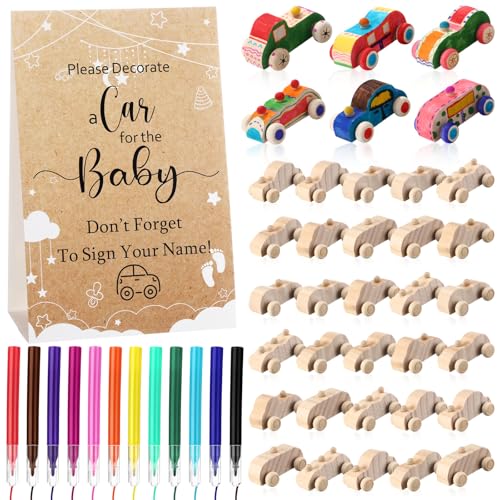 WinnerWhy Baby Shower Game Sign Kit Includes 32 Unfinished Wooden Car Blocks 12 Markers and a Prize Decoration Sign for Baby ShowerKraft - Image 1