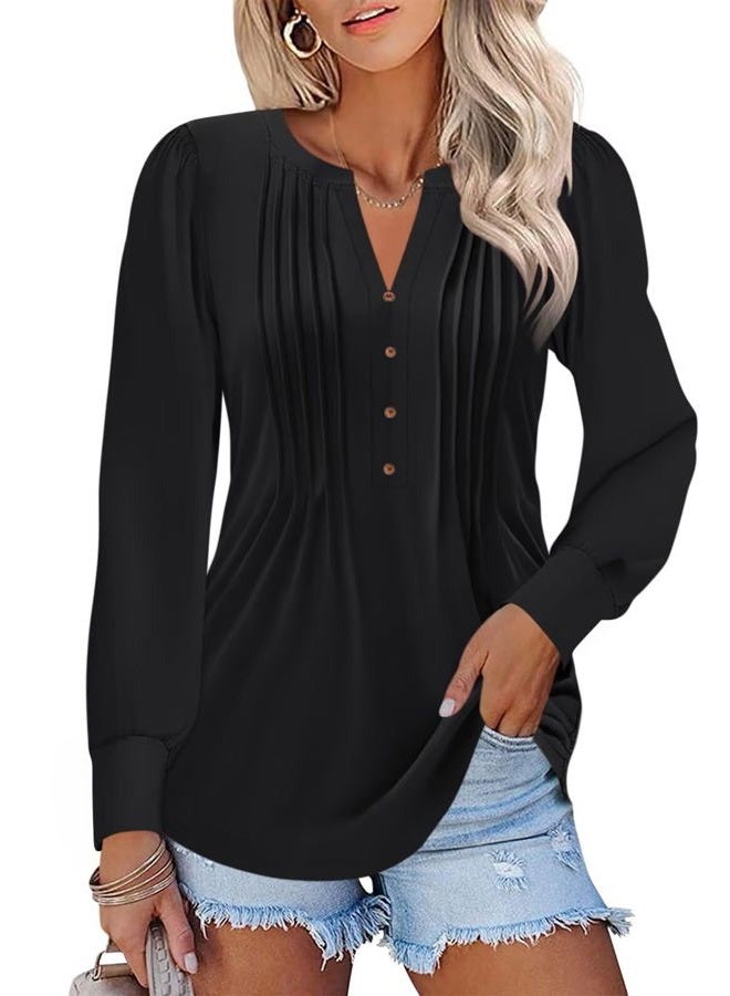 TICTICMISS Women's Puff Long Sleeve Tops Pleated V Neck T Shirts Henley Tops Button Tunic Blouses Black - Image 1