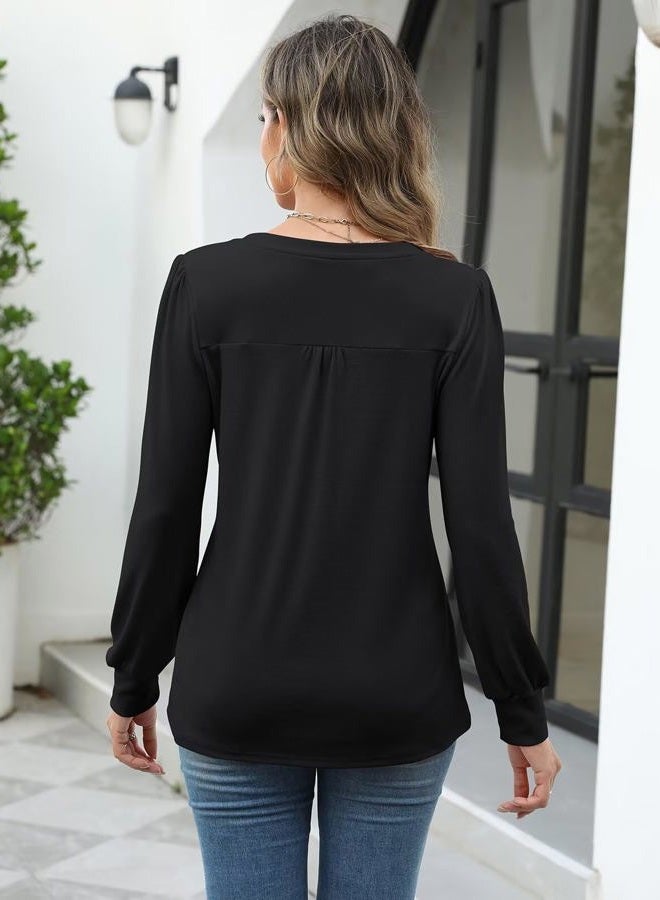 TICTICMISS Women's Puff Long Sleeve Tops Pleated V Neck T Shirts Henley Tops Button Tunic Blouses Black - Image 3