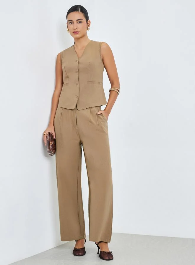 Styli Brown Sleeveless Waistcoat and Pants Co-Ords