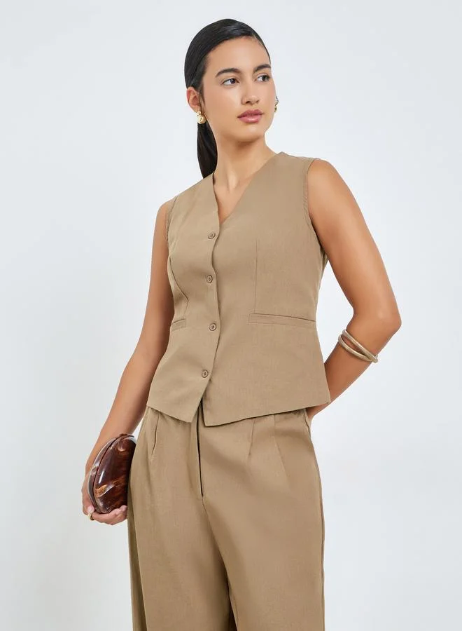 Styli Brown Sleeveless Waistcoat and Pants Co-Ords