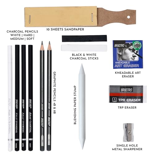 BRUSTRO Black White Charcoal Drawing Set of 13 Pcs in a Metal Box| Ideal For Sketching, Shading, Blending, Illustration, Portraits, Landscape and Fine Arts - Image 5
